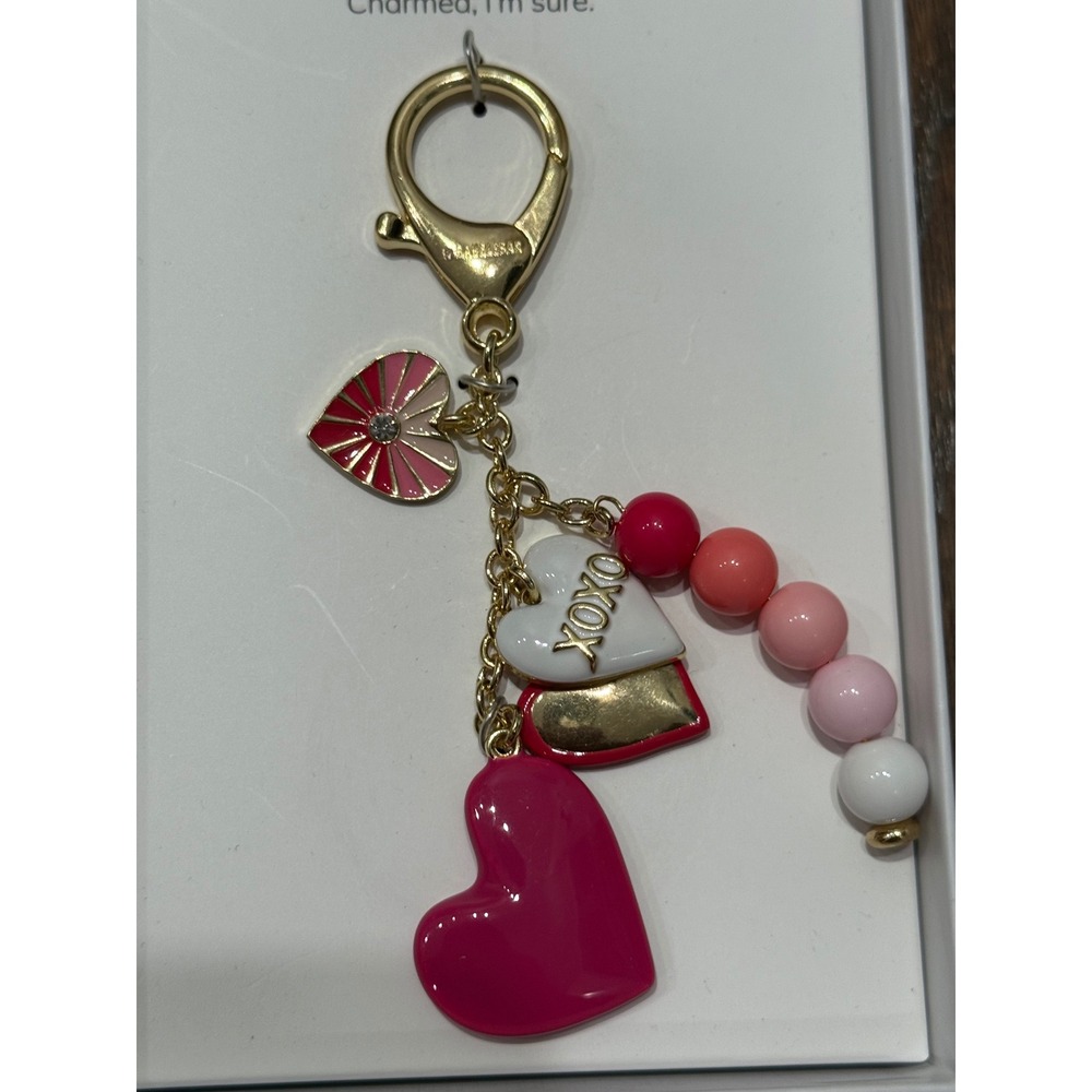 BaubleBar Hooked on‎ Love Bag Charm Gold Tone Pink Heart XOXO Beads